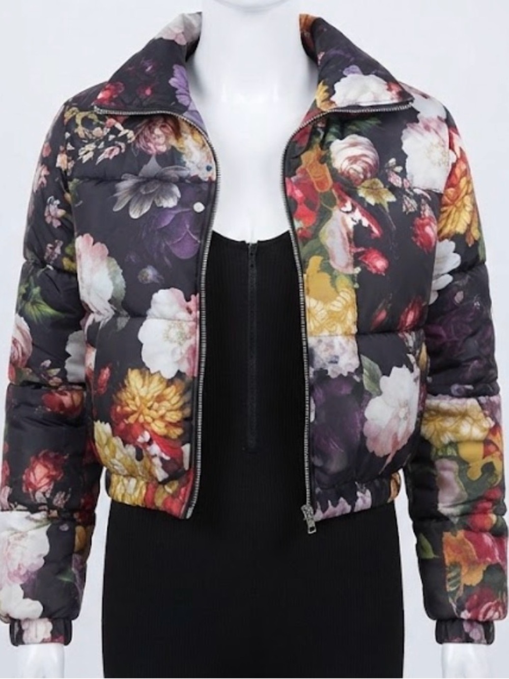 Floral Quilted Puffer Jacket - Black Multicolor